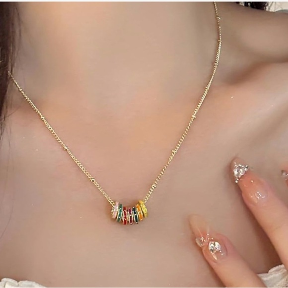 14kt gold plated dainty multicolored 7 ring luxury designer style necklace - Picture 3 of 3
